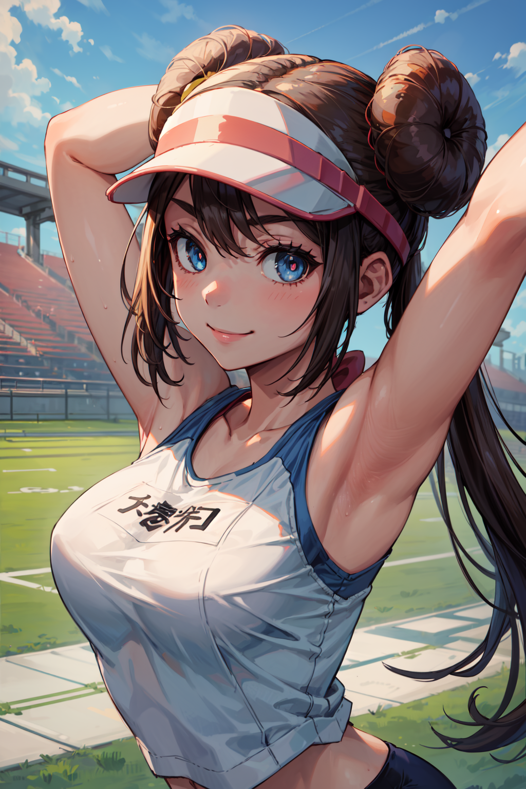 masterpiece,best quality,1girl,ro1,hair bun,blue eyes,twintails,visor cap,sportswear,smile,stretching,arms up,looking at v...